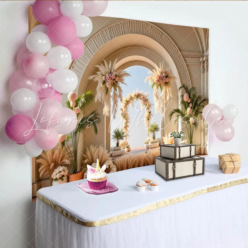 Lofaris Elegant Pampas Grass Wedding Arch Backdrop with Pink Roses Romantic Floral Background for Bridal Shower and Event Photos