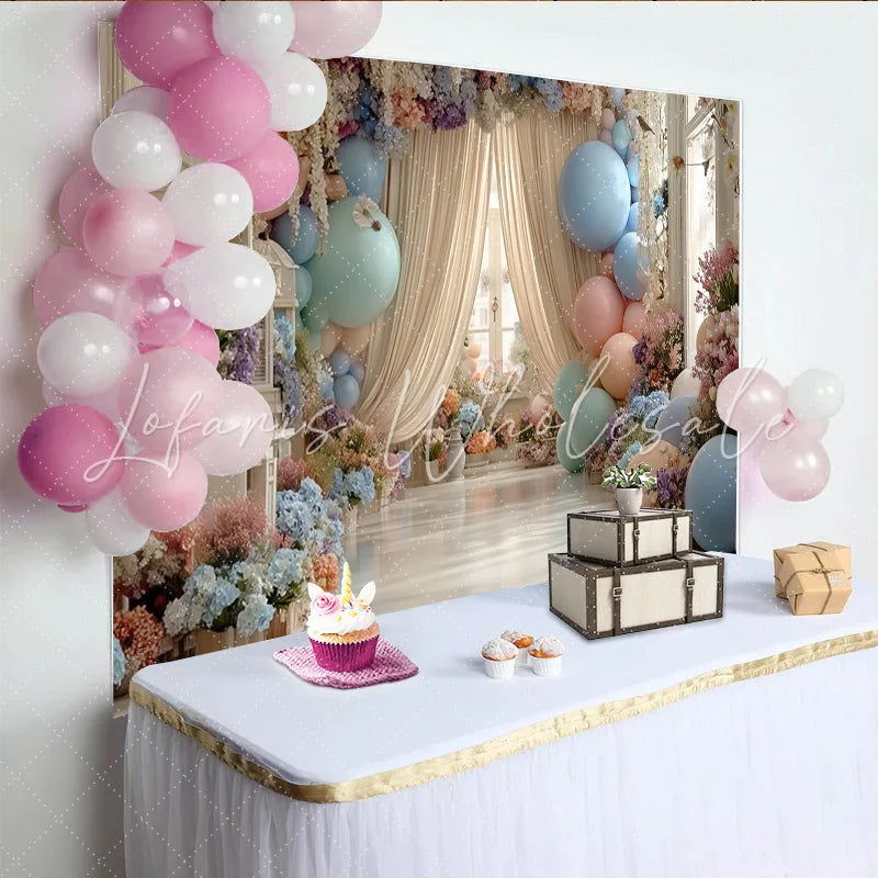 Lofaris Elegant Pastel Floral Balloon Photography Backdrop for Studio Dreamy Romantic Photo Background for Wedding Baby Shower Party