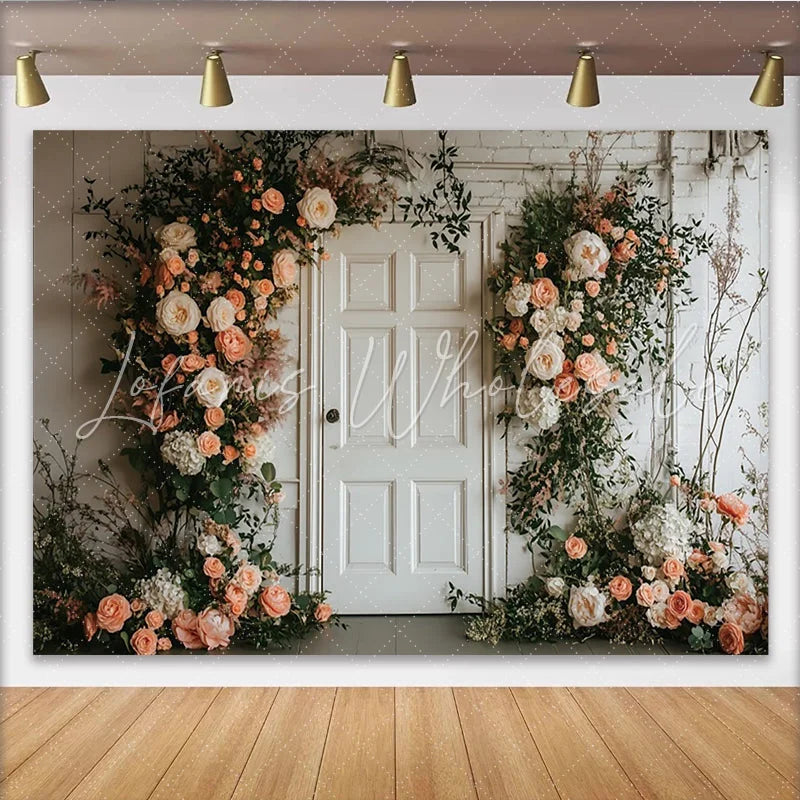Lofaris Elegant Peach and Cream Floral Door Photography Backdrop Rustic White Brick Wall Background for Wedding Photoshoot