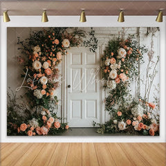 Lofaris Elegant Peach and Cream Floral Door Photography Backdrop Rustic White Brick Wall Background for Wedding Photoshoot