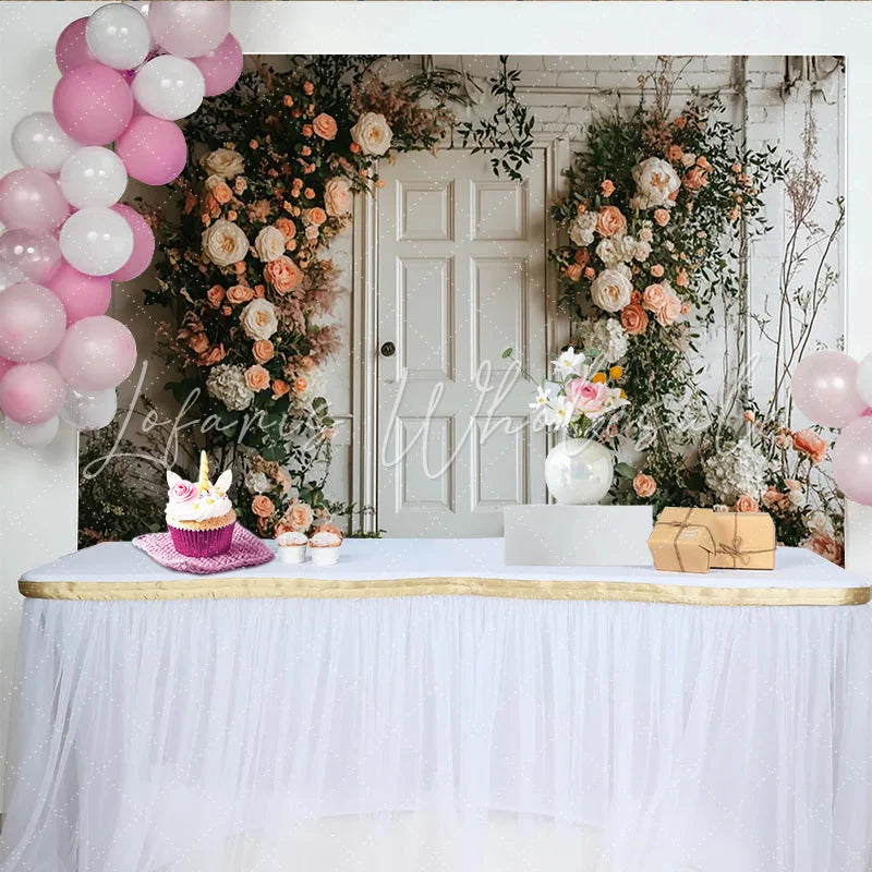 Lofaris Elegant Peach and Cream Floral Door Photography Backdrop Rustic White Brick Wall Background for Wedding Photoshoot