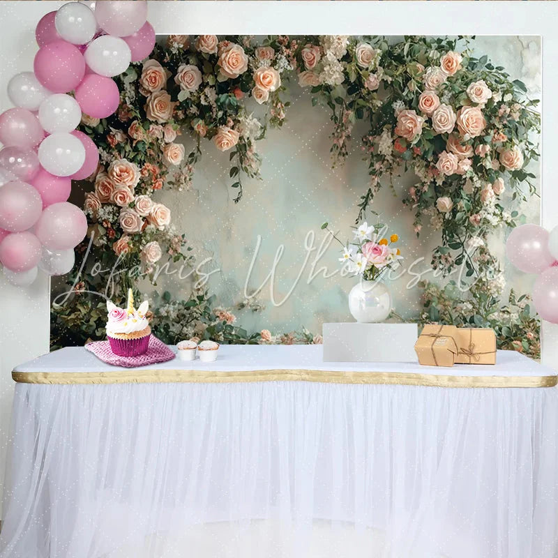 Lofaris Elegant Peach Rose Floral Photography Backdrop with Greenery Romantic Studio Background for Wedding and Portrait Photoshoot
