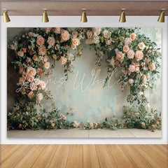 Lofaris Elegant Peach Rose Floral Photography Backdrop with Greenery Romantic Studio Background for Wedding and Portrait Photoshoot