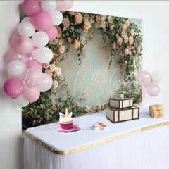 Lofaris Elegant Peach Rose Floral Photography Backdrop with Greenery Romantic Studio Background for Wedding and Portrait Photoshoot