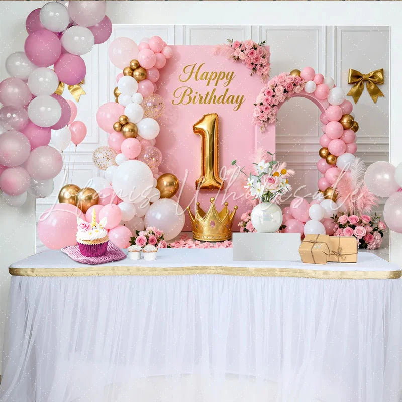 Lofaris Elegant Pink and Gold Happy Birthday 1st Party Backdrop with Crown Balloons and Floral Decor for Girls Celebration