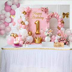 Lofaris Elegant Pink and Gold Happy Birthday 1st Party Backdrop with Crown Balloons and Floral Decor for Girls Celebration