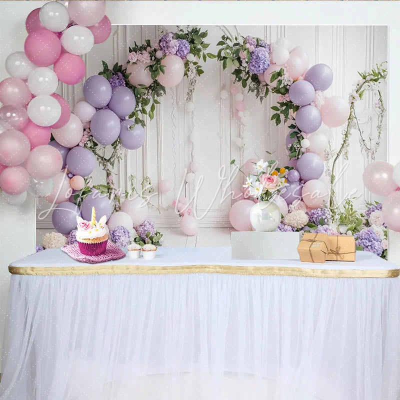 Lofaris Elegant Pink and Lavender Floral Balloon Arch Birthday Backdrop Charming Photo Booth Background for Girls Party Decoration