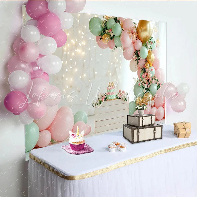 Lofaris Elegant Pink and Mint Green Balloon Birthday Backdrop with Gold Accents Floral String Lights Photo Background for Baby Girl Party