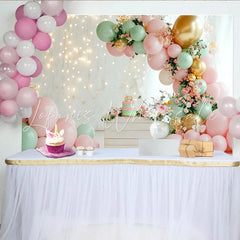 Lofaris Elegant Pink and Mint Green Balloon Birthday Backdrop with Gold Accents Floral String Lights Photo Background for Baby Girl Party