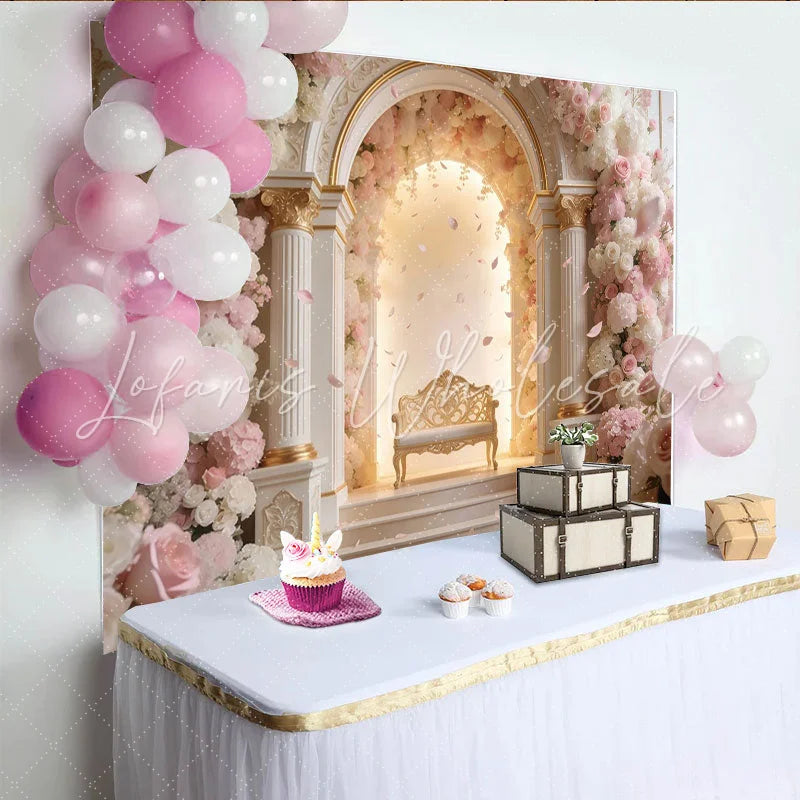 Lofaris Elegant Pink and White Floral Arch Wedding Backdrop with Golden Bench Romantic Photography Background for Engagement Party Decor