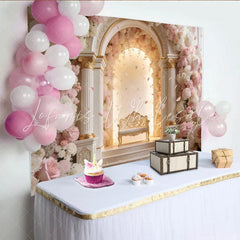 Lofaris Elegant Pink and White Floral Arch Wedding Backdrop with Golden Bench Romantic Photography Background for Engagement Party Decor