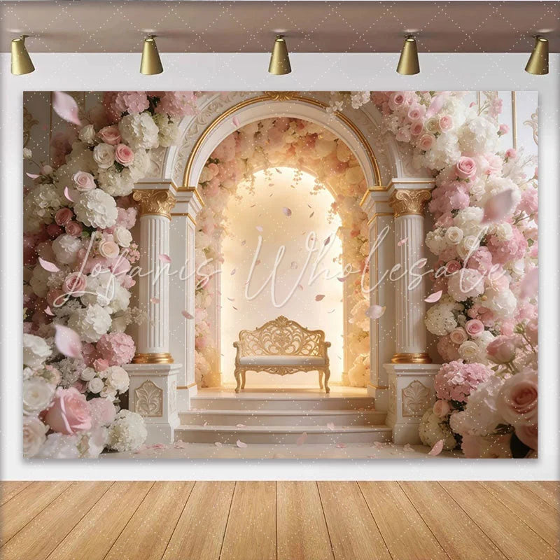Lofaris Elegant Pink and White Floral Arch Wedding Backdrop with Golden Bench Romantic Photography Background for Engagement Party Decor