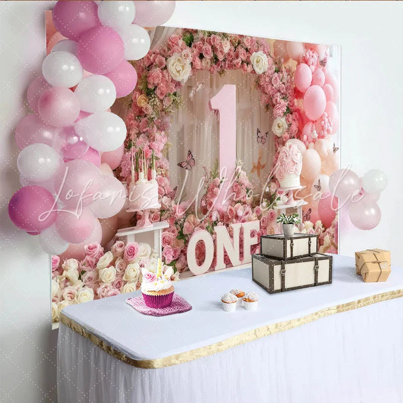 Lofaris Elegant Pink and White Floral First Birthday Party Backdrop featuring Number One Balloons and Butterflies