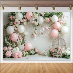 Lofaris Elegant Pink and White Floral Photography Backdrop with Balloons Beautiful Studio Background for Portrait and Event Decor