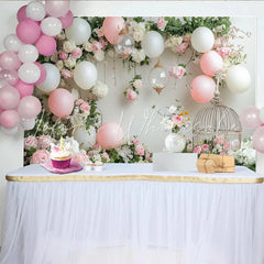 Lofaris Elegant Pink and White Floral Photography Backdrop with Balloons Beautiful Studio Background for Portrait and Event Decor