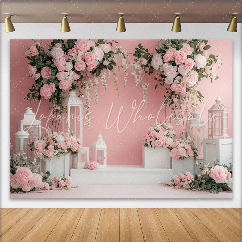 Lofaris Elegant Pink and White Floral Photography Backdrop with Roses and Lanterns Studio Background for Romantic Portraits