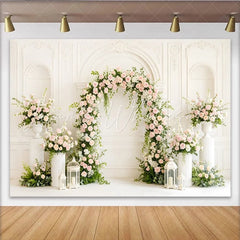 Lofaris Elegant Pink and White Rose Floral Arch Photography Backdrop White Paneled Wall Background for Wedding Photoshoot Studio Portrait