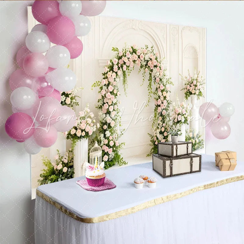 Lofaris Elegant Pink and White Rose Floral Arch Photography Backdrop White Paneled Wall Background for Wedding Photoshoot Studio Portrait