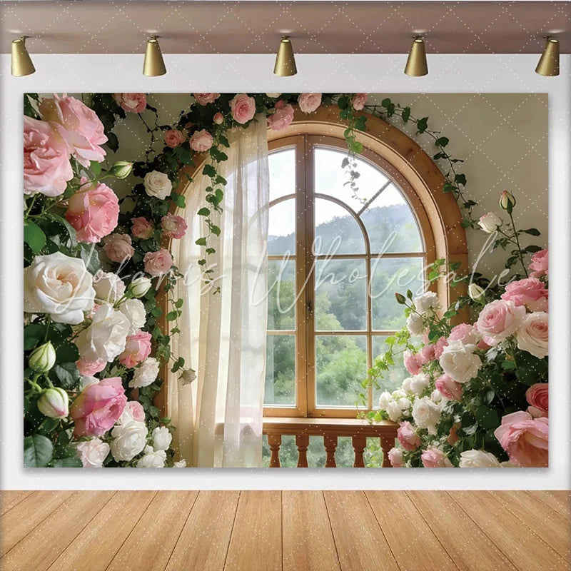 Lofaris Elegant Pink and White Rose Window Photography Backdrop Romantic Studio Background for Portrait Photoshoot and Decor.