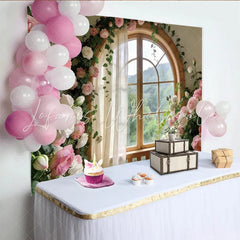 Lofaris Elegant Pink and White Rose Window Photography Backdrop Romantic Studio Background for Portrait Photoshoot and Decor.