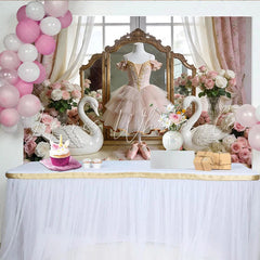 Lofaris Elegant Pink Ballet Photography Backdrop with Swans and Roses Vintage Princess Photo Background for Studio Photoshoot