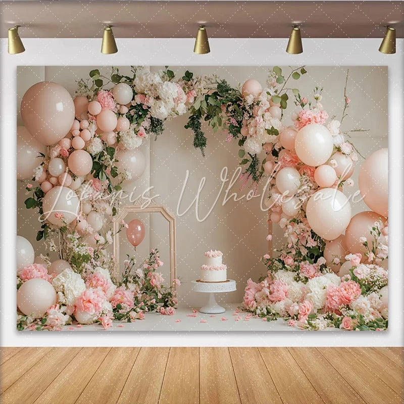Lofaris Elegant Pink Floral Birthday Backdrop with White Balloons and Arch Beautiful Party Decor for Cake Smash Photoshoot