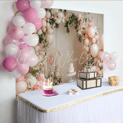 Lofaris Elegant Pink Floral Birthday Backdrop with White Balloons and Arch Beautiful Party Decor for Cake Smash Photoshoot