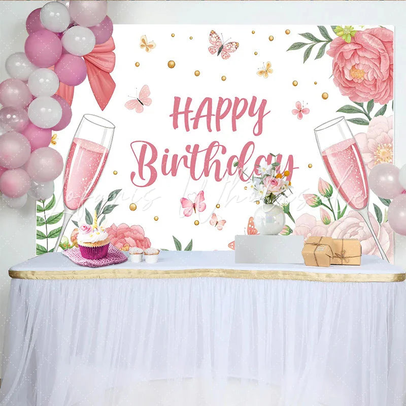Lofaris Elegant Pink Floral Champagne Birthday Backdrop with Butterflies and Gold Dots Party Decor for Girls Women Celebration