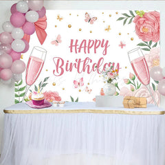 Lofaris Elegant Pink Floral Champagne Birthday Backdrop with Butterflies and Gold Dots Party Decor for Girls Women Celebration
