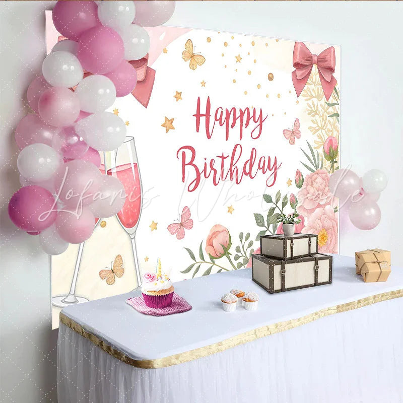 Lofaris Elegant Pink Floral Happy Birthday Backdrop with Champagne and Bows Festive Party Women Girls Photography