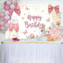 Lofaris Elegant Pink Floral Happy Birthday Backdrop with Champagne and Bows Festive Party Women Girls Photography