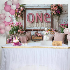 Lofaris Elegant Pink Floral ONE 1st Birthday Backdrop with White Brick Wall and Macrame Party Decor Background for Cake Smash