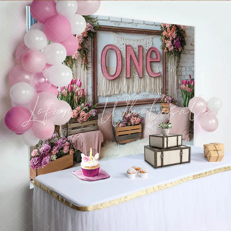 Lofaris Elegant Pink Floral ONE 1st Birthday Backdrop with White Brick Wall and Macrame Party Decor Background for Cake Smash