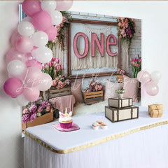 Lofaris Elegant Pink Floral ONE 1st Birthday Backdrop with White Brick Wall and Macrame Party Decor Background for Cake Smash