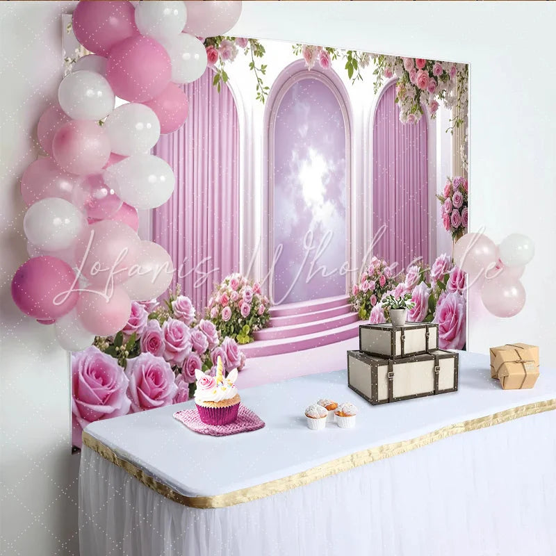 Lofaris Elegant Pink Floral Photography Backdrop with Arches and Lush Roses Dreamy Studio Background for Romantic Portrait and Event Decor
