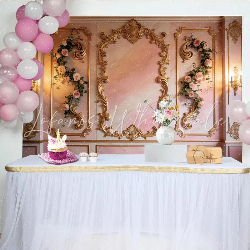 Lofaris Elegant Pink Floral Photography Backdrop with Gold Frames Luxurious Studio Background for Romantic Portrait Photoshoot