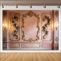 Lofaris Elegant Pink Floral Photography Backdrop with Gold Frames Luxurious Studio Background for Romantic Portrait Photoshoot