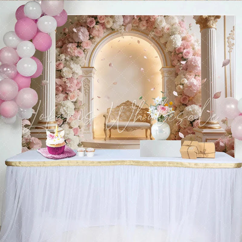 Lofaris Elegant Pink Floral Photography Backdrop with Golden Bench Luxurious Studio Background for Wedding Engagement or Portrait Photoshoot