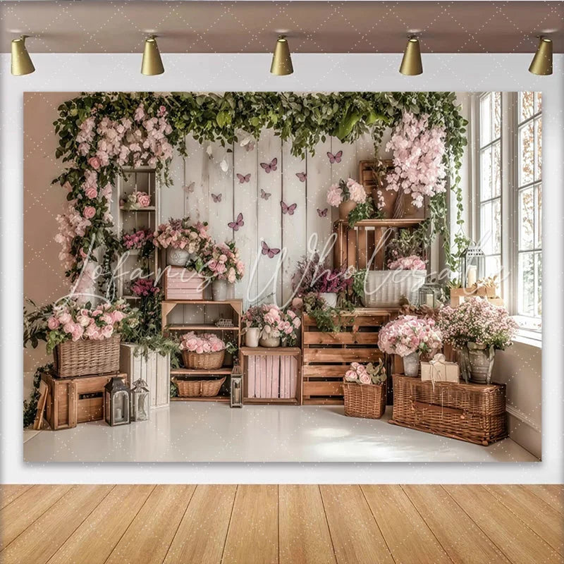 Lofaris Elegant Pink Floral Photography Backdrop with Rustic Wood and Butterflies Studio Background for Spring Photoshoot