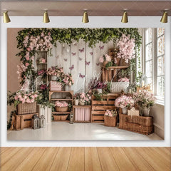 Lofaris Elegant Pink Floral Photography Backdrop with Rustic Wood and Butterflies Studio Background for Spring Photoshoot