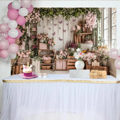 Lofaris Elegant Pink Floral Photography Backdrop with Rustic Wood and Butterflies Studio Background for Spring Photoshoot