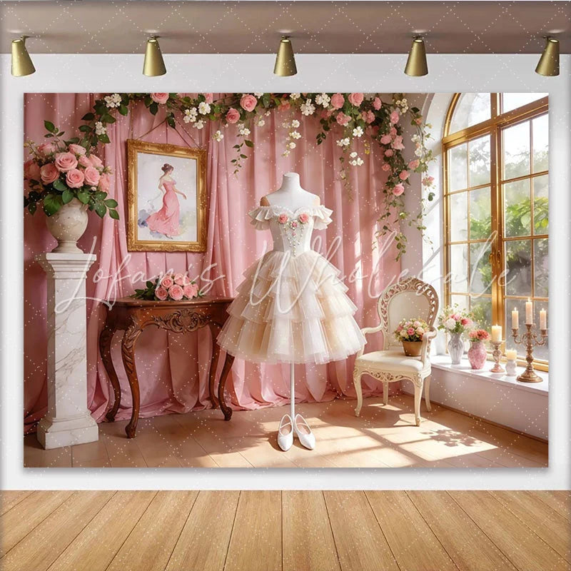 Lofaris Elegant Pink Floral Photography Backdrop with Tiered Dress and Roses Romantic Studio Background for Portrait Photoshoot
