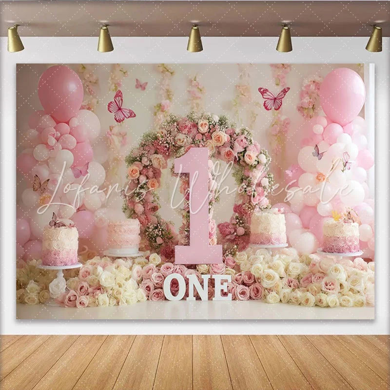 Lofaris Elegant Pink Floral Wreath Number One Party Backdrop with Balloons and Butterflies Baby Girl First Birthday