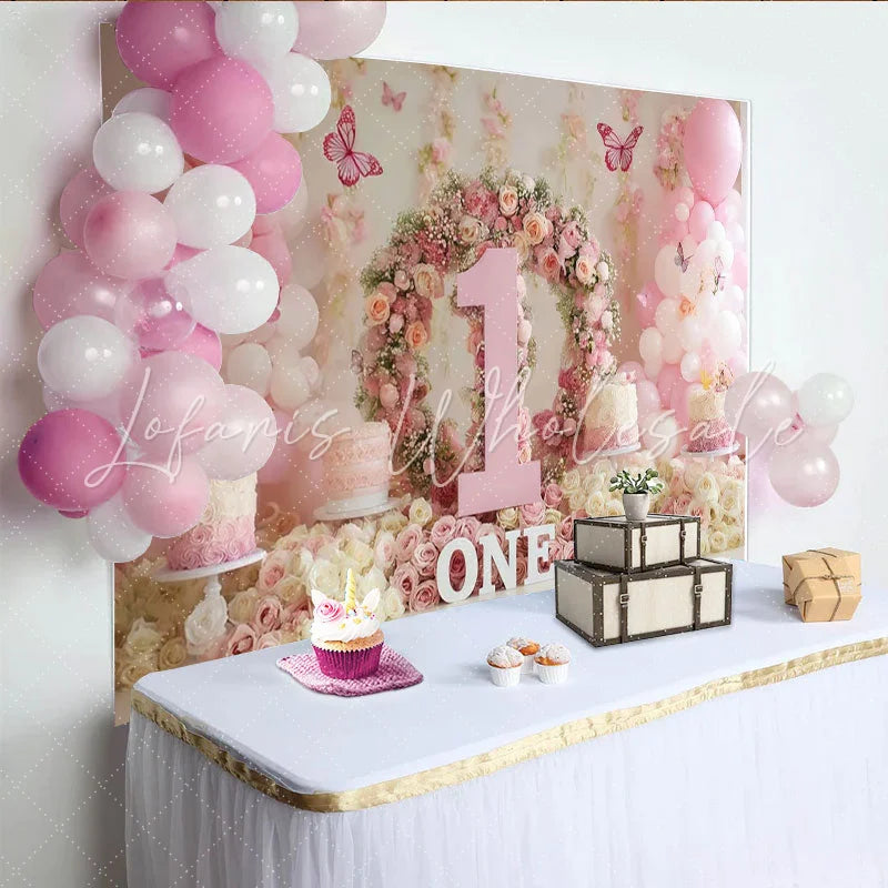 Lofaris Elegant Pink Floral Wreath Number One Party Backdrop with Balloons and Butterflies Baby Girl First Birthday