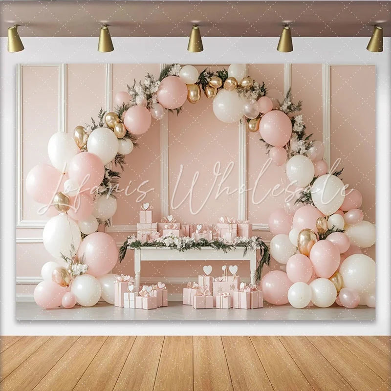 Lofaris Elegant Pink Gold Balloon Birthday Backdrop with Gifts Beautiful Party Decor for Photoshoot and Celebration