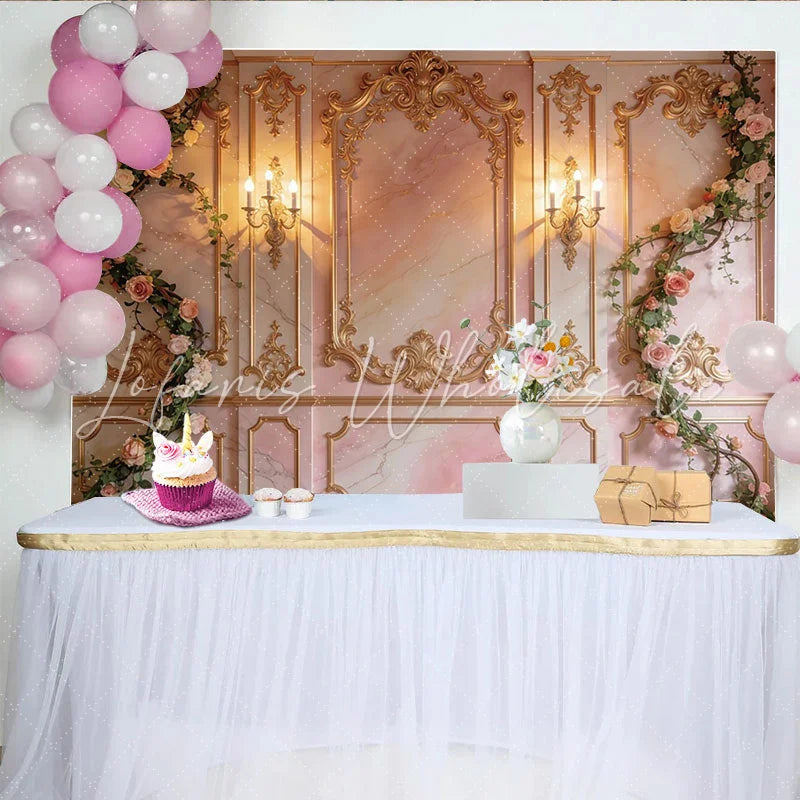 Lofaris Elegant Pink Gold Floral Photography Backdrop with Ornate Molding Luxurious Studio Background for Portrait and Event Photoshoot