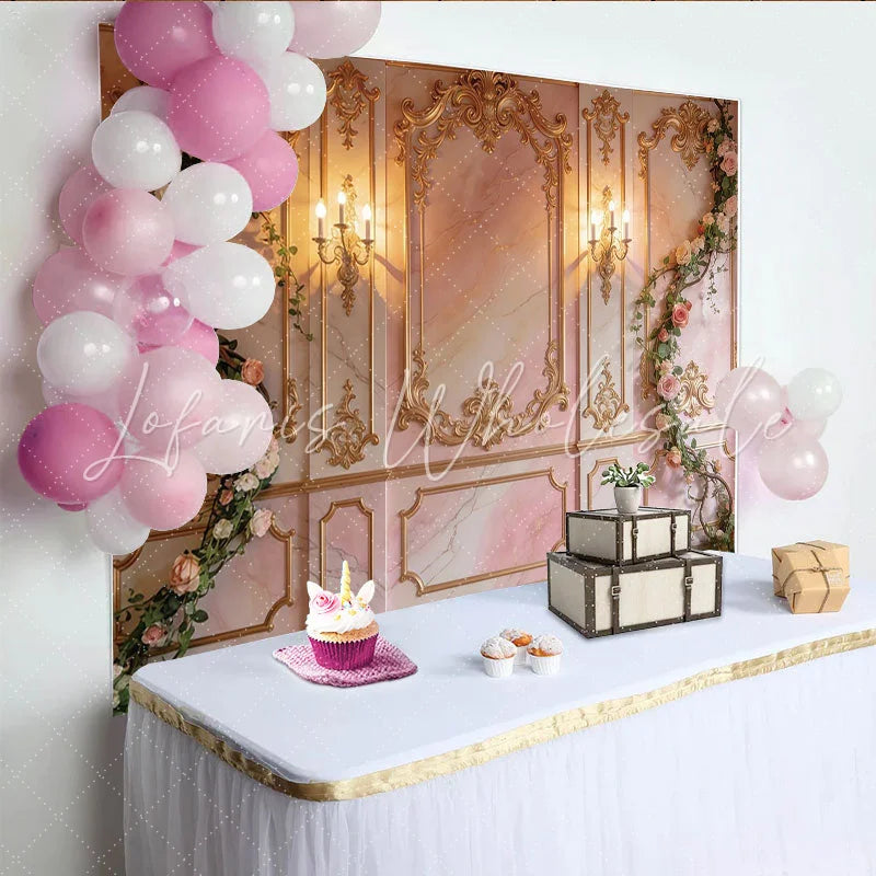 Lofaris Elegant Pink Gold Floral Photography Backdrop with Ornate Molding Luxurious Studio Background for Portrait and Event Photoshoot