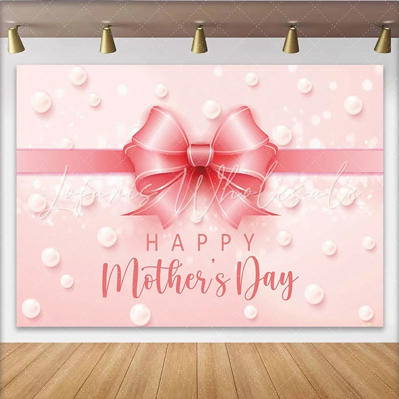 Lofaris Elegant Pink Mothers Day Backdrop with Shimmering Bow and Pearls Celebration Background for Party Decor and Photoshoot