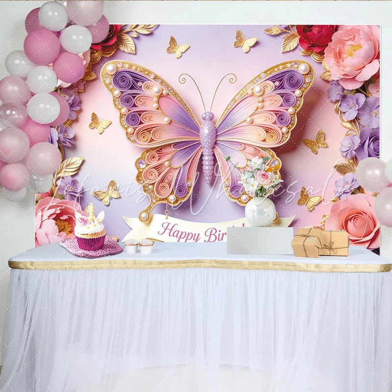 Lofaris Elegant Pink Purple Butterfly Floral Happy Birthday Backdrop Sparkling Pearl Design Party Background for Girls Photoshoot