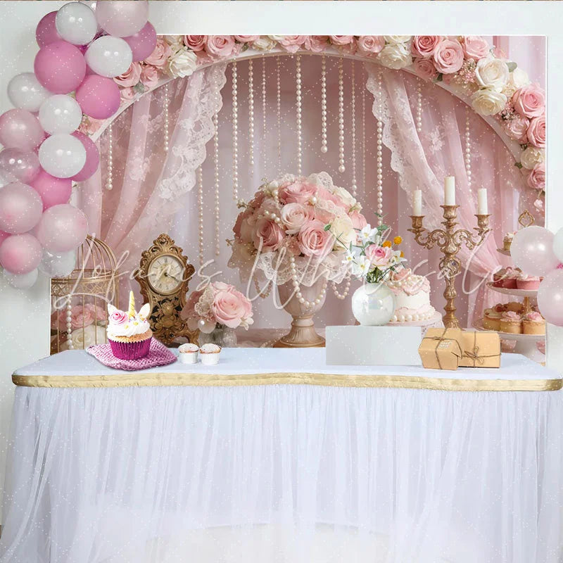Lofaris Elegant Pink Rose and Pearl Wedding Backdrop with Lace Curtains Beautiful Floral Photography Background for Bridal Shower Party